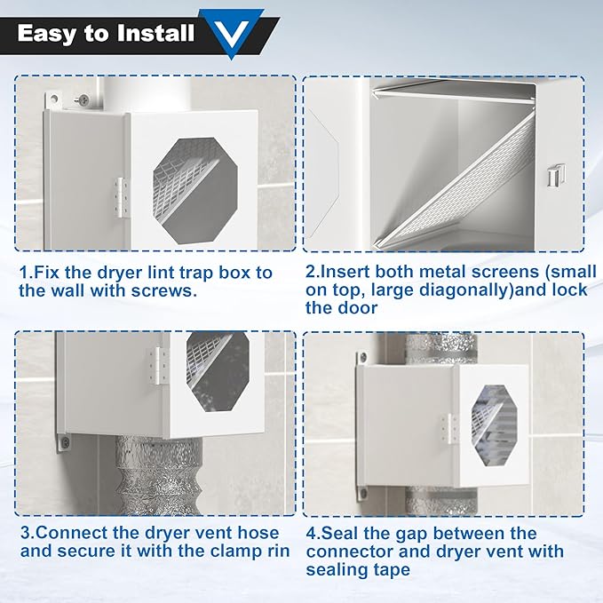 Dryer Lint Trap, Indoor Dryer Vent Kit, Metal Lint Catcher Box with 4" Dryer Vent Hose Duct Clamps Aluminum Foil Tape Cleaning Brush 2 Metal Filter Screens Set
