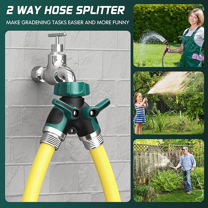 2 Way Garden Hose Splitter with Shut Off Valve,Water Spigot Splitter for 3/4" Hose Connector,Heavy Duty Metal Outdoor Faucet Splitter Y Connector for Hose,with 3 Leakproof Washers & 1 tape(2, Green)