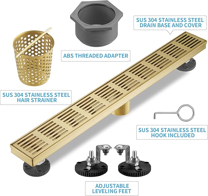 Linear Shower Drain 28 Inch, Professional Brushed SUS-304 Stainless Steel Shower Drain, 51L/Min Fast Drainage Floor Linear Drain, US Standard CUPC Certified, Zirconium Gold, SD-109