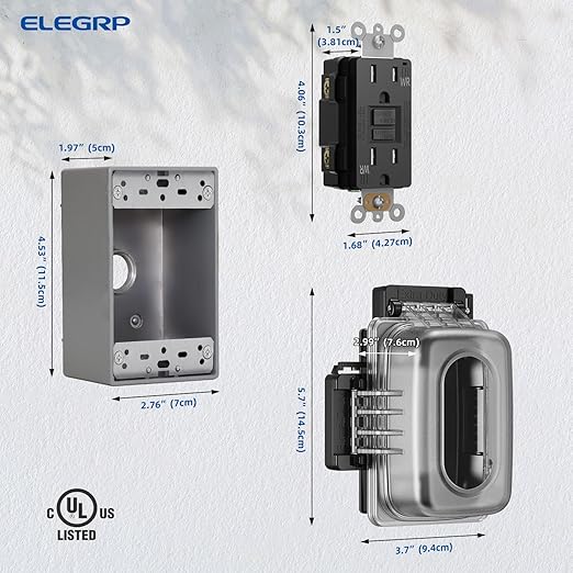 ELEGRP Outdoor GFCI Outlet with in Use Cover and Box Kit, 1 Gang, 15 Amp TRWR Self-Test GFI Receptacle, Extra Duty Metallic Electrical Outlet Box, Lockable in Use Cover, UL Listed, Black, 1 Pack