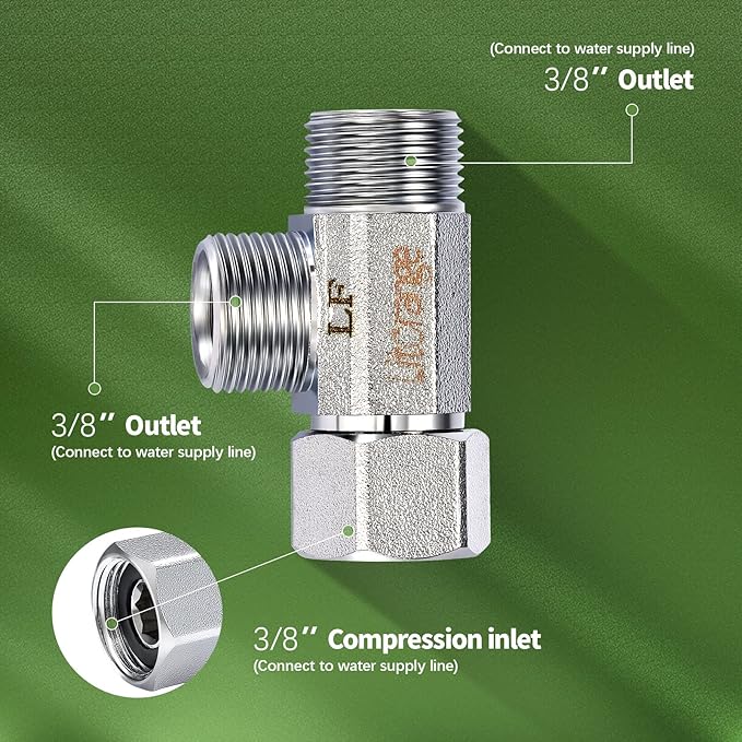 Lead-Free Brass 1 PCS Brass Angle Stop Add-A-Tee Valve 3/8" Compression Inlet by 3/8" Compression Outlet by 3/8 Inch Compression Outlet Easy Connect Tee