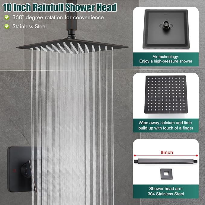 Heyalan Shower Faucet Set Square Stainless Steel Bathroom Rainfall Shower System One Handle Single Function Shower Trim Kit with Rough-in Valve Male Thread,Ceiling Mount,10 Inch,Oil Rubbed Bronze