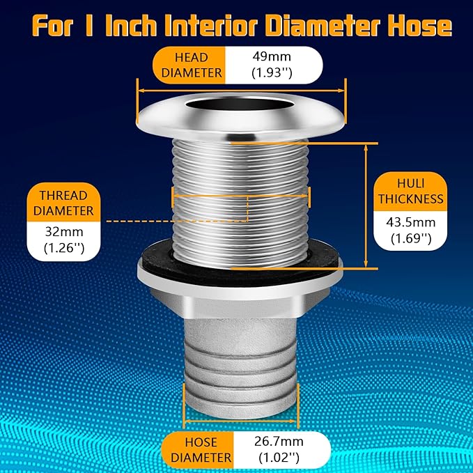 Thru Hull Fittings for Boats, Stainless Steel Yacht Through Hull Connecter with Straight Barb, Marine Barbed Hose Skin Fitting Drain for 3/4 inch I.D. Hose, 1 inch I.D. Hose