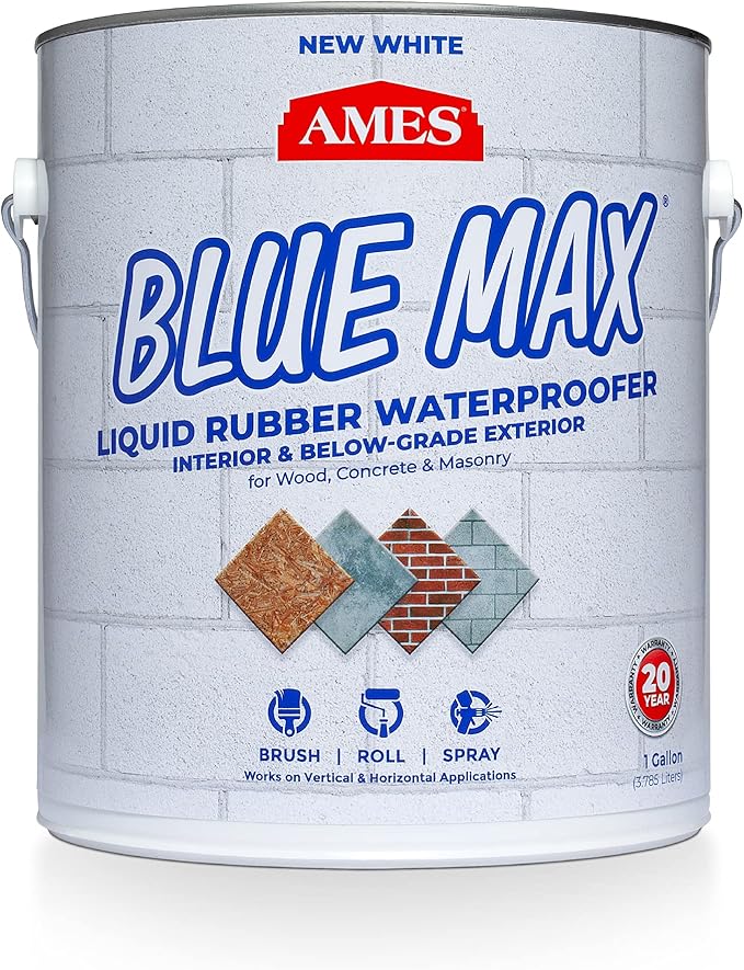 AMES BMX1WRG 1 Gallon Blue Max, White Liquid Rubber Waterproofer,Regular Grade 1 Gallon - for Use in Interior & Below-Grade Exterior - Concrete Sealer, House Paint and More.