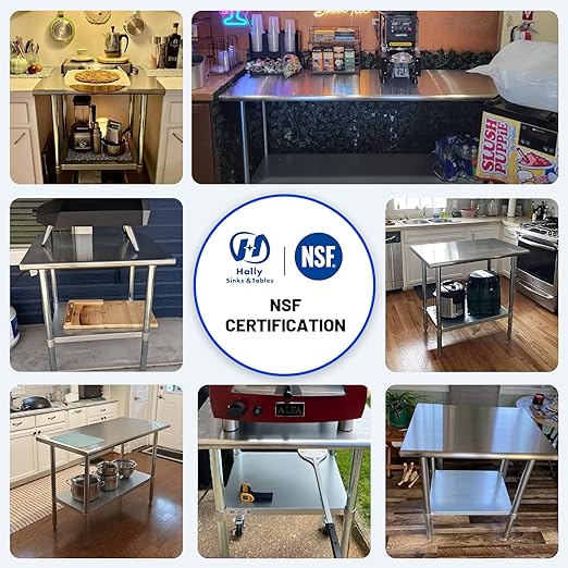Hally Stainless Steel Table for Prep & Work 14 x 72 Inches, NSF Commercial Heavy Duty Table with Undershelf and Galvanized Legs for Restaurant, Home and Hotel