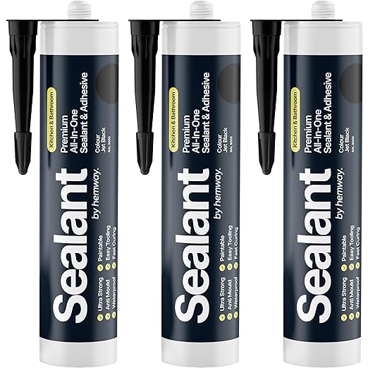 Jet Black Kitchen & Bathroom Sealant & Adhesive Hybrid Polymer | Superior to Silicone Caulk Sealant | Waterproof, Odorless, Paintable | Ideal for Around Bathtub, Shower, Kitchen - 300ml 3 Pack