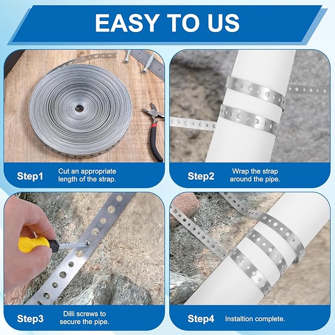 Galvanized Metal Pipe Strap, 100 Feet 24-Gauge Galvanized Hanger Straps, Pipe Hanger Strap Pipe Strap Metal Strap for Pipe Support Hanging and Flexible Trimming with Holes