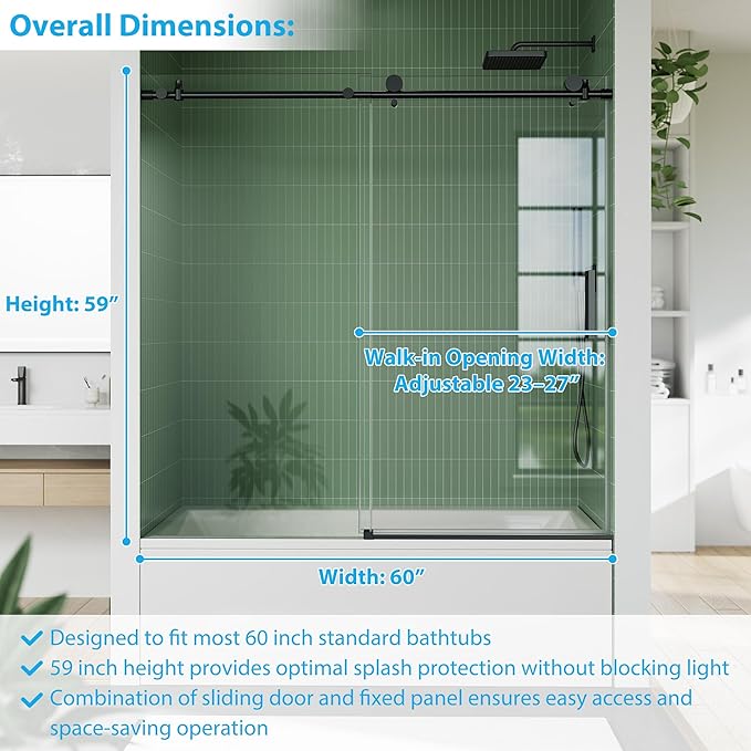 Frameless Sliding Shower Door - 56 to 60 Inch Adjustable Width x 59 Inch Height, 8mm Tempered Glass with Soft Close & Easy-Clean Coating, Stainless Steel Round Rail & 55 Rollers, Matte Black Finish