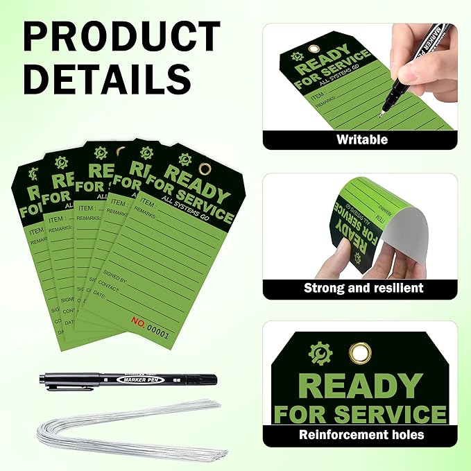 200 Pcs Ready for Service Tags 3 x 5.75 Inch with Serial Number Service Repair Green Tag with 10 Inch Wire Status Notice Tags Equipment Tag Designed for Factories (200)