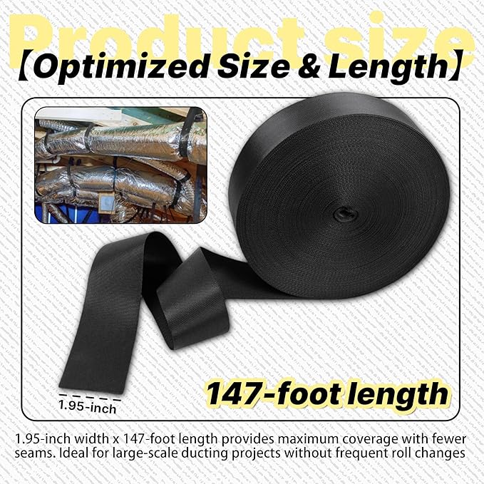 Heavy Duty Duct Strap – 1.95 in x 147 ft Black Nylon Strapping for HVAC Duct, Durable Wrap Support Band for Building & Home Improvement