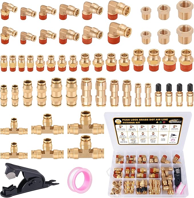 CheeMuii 58 Pcs Brass DOT Air Line Fittings Kit Push Lock DOT Air Fittings Push to Connect Fittings NPT Thread & Quick Connect Air Hose Fittings for Air Line Air Hose Pneumatic Tubing