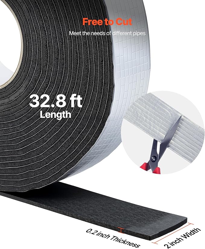 VEVOR Pipe Insulation Wrap, 32.8 FT x 2-inch Pipe Insulation Tape with Aluminum Foil Layer, Self-Adhesive Foam and Foil Pipes Wrap for Freeze Protection, Heat & Cold Resistant for Outdoor Indoor Use