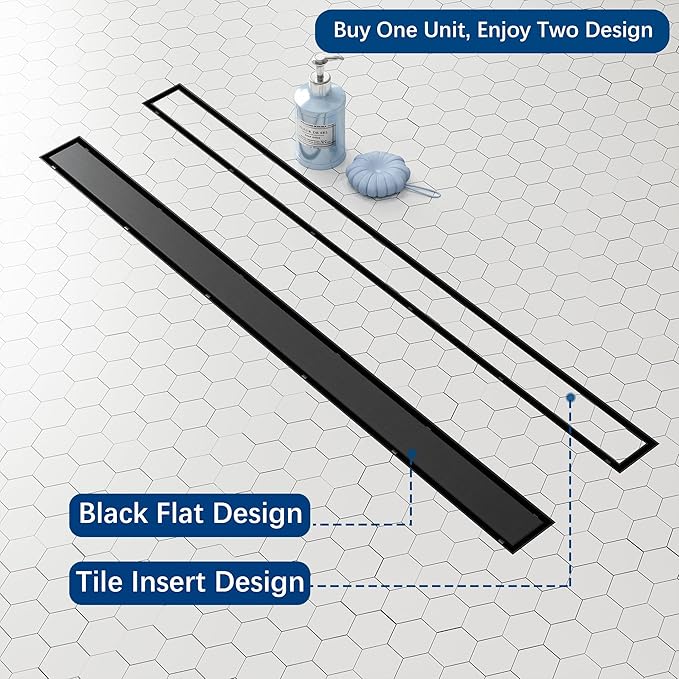 Neodrain Shiny Black 36 Linear Shower Drain, Linear Drain with 2-in-1 Flat & Tile Insert Cover, Rectangle Shower Floor Drain, Adjustable Leveling Feet, Hair Strainer, CUPC Certified(Glitter Black)