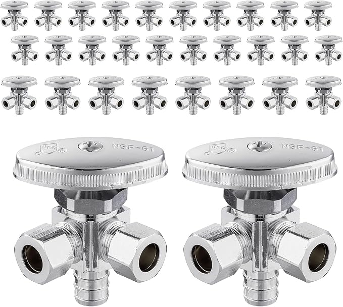 (Pack of 30) Seelink Multi-Turn Dual Outlet Angle Stop Valve, 1/2" Pex Crimp F1807 Pipe Inlet x (3/8 inch x 3/8 inch) Compression Outlets, Chrome Plated Brass