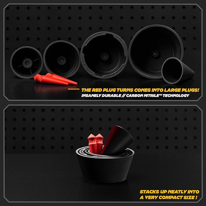 AutoLine Pro Premium Cone and Plugs 2-in-1 Adapters | for Automotive Smoke Machine Leak Testing | Cone & Cap Plugs Function | CarbonNitrile™ | Patented Design.