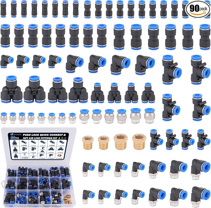 90 Pcs Quick Connect Air Line Fittings Kit Pneumatic Push Lock Air Fittings 1/8",1/4",3/8",1/2" Push to Connect & NPT Thread Air Hose Fittings Quick Release Airline Fitting Kit