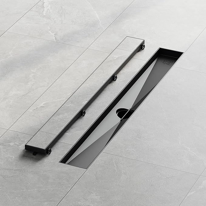 Neodrain 24-Inch Linear Shower Drain,with 2-in-1 Flat & Tile Insert Shiny Black Cover, Rectangle Shower Floor Drain, Floor Shower Drain with Adjustable Leveling Feet, Hair Strainer