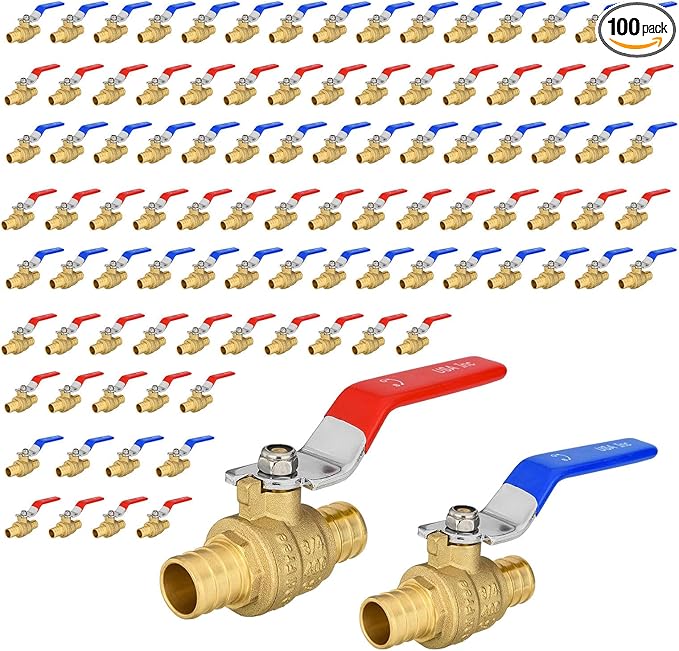 100 Pack Ball Valves, 3/4" Pex Crimp Shut Off Valve, Brass Full Port Pex B Shut Off Ball Valve for Hot and Cold Water, NSF/ANSI 61 Certified