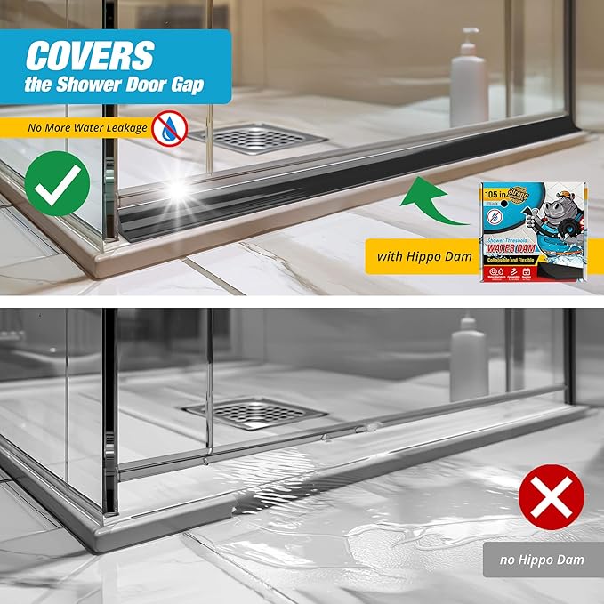 Shower Threshold Water Dam Barrier 105" - Black Collapsible Shower Water Blocker - Guard for Walk in Shower - Water Guard Stopper for Floor - Shower Door Water Blocker by Hippo Dam