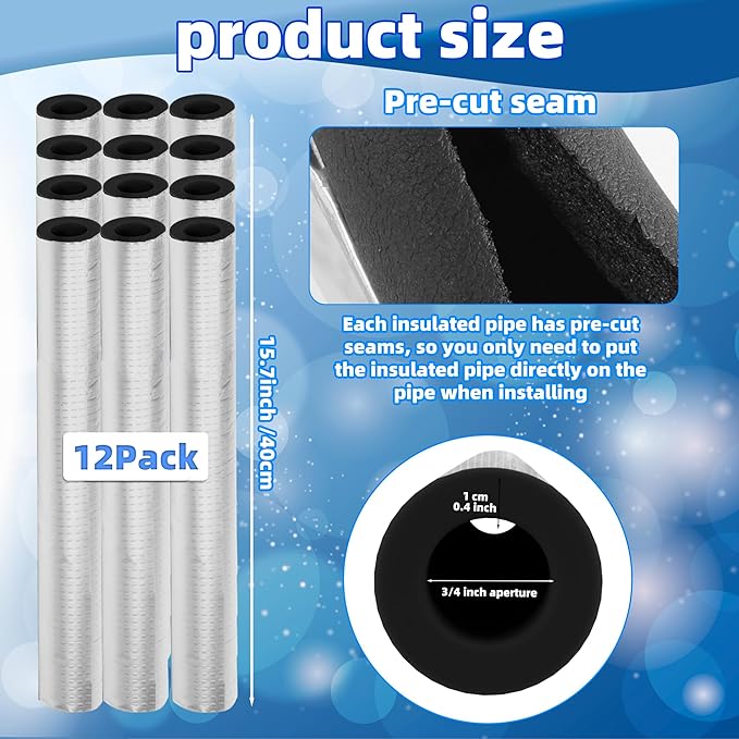 12pack Pipe Insulation Foam Tube for 3/4'' Pipes, Pre-Slit Duct Wrap with Aluminum Foil for Outdoor Winter Cold Hot Water Pipe Winterizing Heat Preservation Reduce Heat Loss (L 15.7")