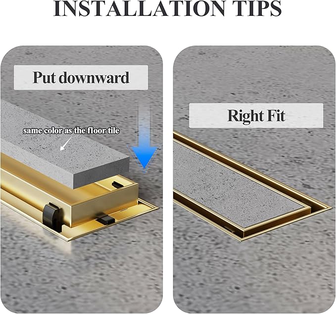 24 Inch Linear Shower Drain Gold Floor Drain with Removable SUS304 Stainless Steel CUPC Certificate and 2-in-1 Tile Insert Grate Cover