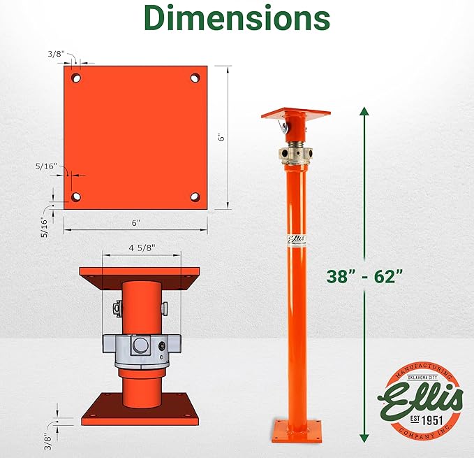 Ellis Manufacturing Light-Duty Steel Lifting Shore – Adjustable House Jack for Foundation, Beams, Floor Support, and Concrete Bracing – 12,000 lb Safe Load Capacity – 38"-62" Adjustment
