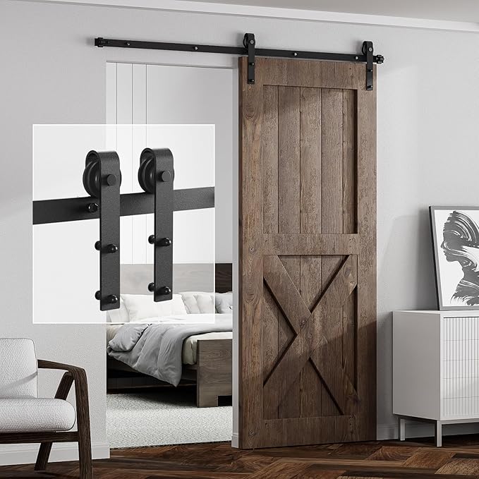 14FT Sliding Barn Door Hardware Kit for Single Door, Sliding Door Track, Easy to Install, Smoothly and Quietly, Fit 1.18-1.96" Thicknesses Fit 84" Wide Door (J Shape Hanger)