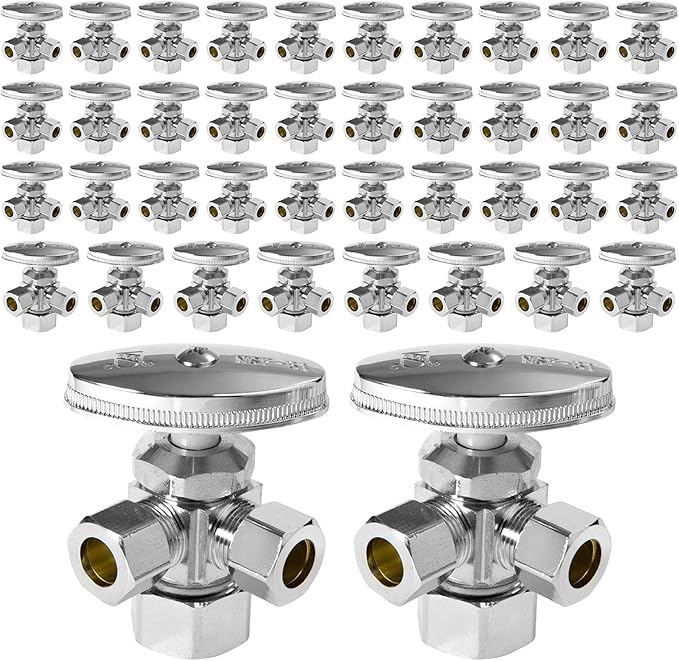 (Pack of 40) Seelink Multi-Turn Dual Outlet Angle Stop Valve, 1/2" NOM (5/8" OD) Inlet x 3/8" OD Outlet x 3/8" OD Outlet, Chrome Plated Brass