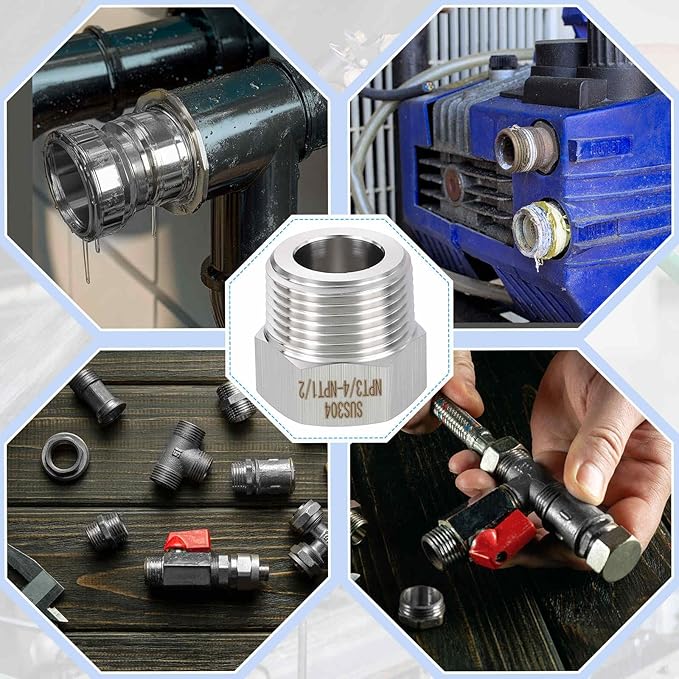 1 Pack 304 Stainless Steel Pipe Fittings, 3/4" Male NPT to 1/2" FeMale NPT Hex Bushing Reducer, Hose Tube Threaded Adapter for Air, Oil, LP