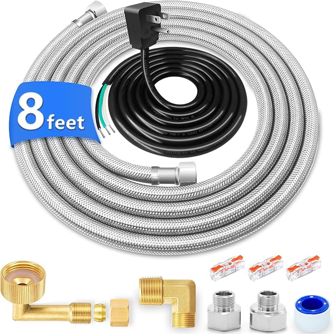 Dishwasher Installation Kit - 8 FT Stainless Steel Dishwasher Hose with 3/8" Compression Connections,Food Grade PEX Inner Tube Dishwasher Water Supply Line with Elbows,Adapters and 6 FT Power Cord