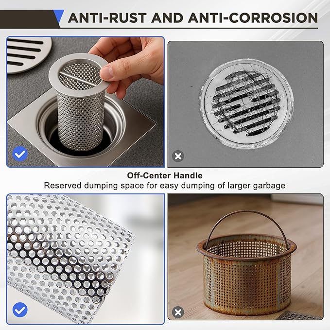 3" Diameter Commercial Floor Drain Strainer 6" Tall Perforated Cylindrical Mesh 316 Stainless Steel Drain Basket with Carry Handle –heavy-duty, for Restaurants, Kitchens, Factories