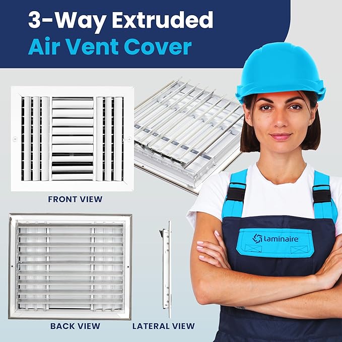 12x10 Inch (Duct Opening) Aluminum 3-Way Air Flow Vent – HVAC Vent Cover for Wall or Ceiling – Quiet HVAC Wall Register with Multi-Shutter Damper – Adjustable Curved Blade - Plastic Seal for Tight Fit