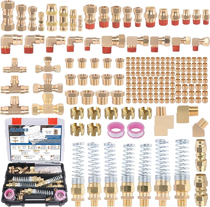 200 Pcs Brass DOT Air Brake Line Fittings & Air Nylon Tube Compression Fittings & Air Brake Hose End Fittings Assortment Kits,1/4" 1/8" 3/8" 1/2" NPT Air Hose Fittings