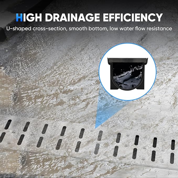 FAHKNS Trench Drain System, HDPE Channel Drainage with 304 Stainless Steel Metal Grate, Durable Garage Flooring Drain for Driveway, Garden, Patio, Pool Deck, Easy to Install, Corrosion-Resistant