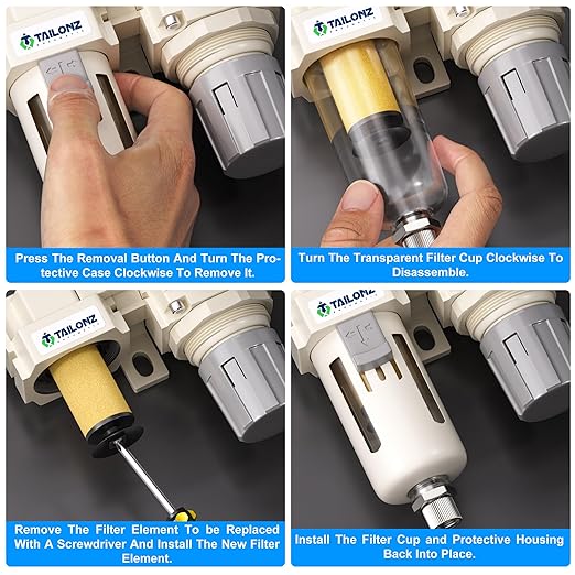 TAILONZ PNEUMATIC 1/2 Inch NPT 2 in 1 Air Filter Pressure Regulator Combo Piggyback, Air Tool Compressor Filter with Gauge AF4000+AR4000