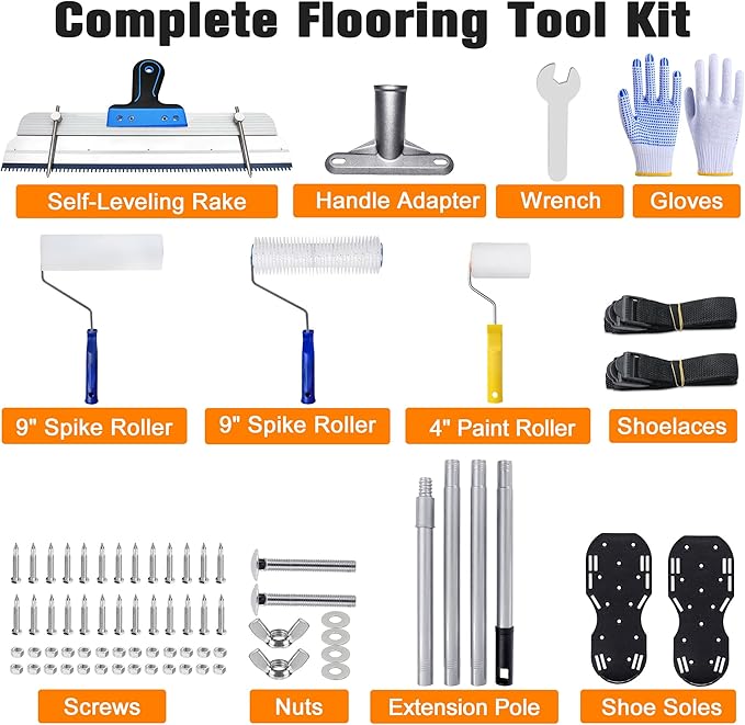 Self-Leveling Cement & Epoxy Floor Tool Kit – Rake, 9” Spike Rollers, 4” Paint Roller, Spiked Shoes, Extension Pole, Gloves & Accessories