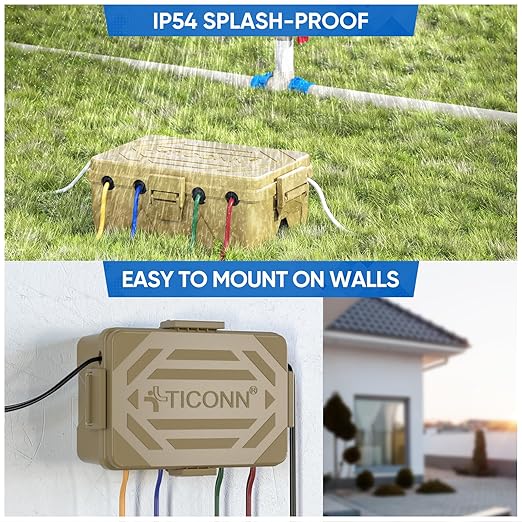 TICONN Outdoor Electrical Box, IP54 Splash-Proof Outdoor Extension Cord Cover, Protects Power Strip, Plug, Socket, Timer, Holiday Lights (Brown, Large)
