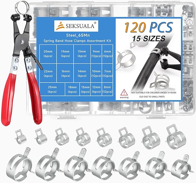 120Pcs 1/4" to 1" (6-25mm) Spring Band Hose Clamps Assortment Kit with Swivel Flat Hose Clamp Plier, SEKSUALA Constant Tension Steel Clamps for Fuel Lines, Silicone,Vacuum Hoses (Grey)