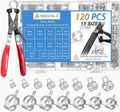 120Pcs 1/4" to 1" (6-25mm) Spring Band Hose Clamps Assortment Kit with Swivel Flat Hose Clamp Plier, SEKSUALA Constant Tension Steel Clamps for Fuel Lines, Silicone,Vacuum Hoses (Grey)