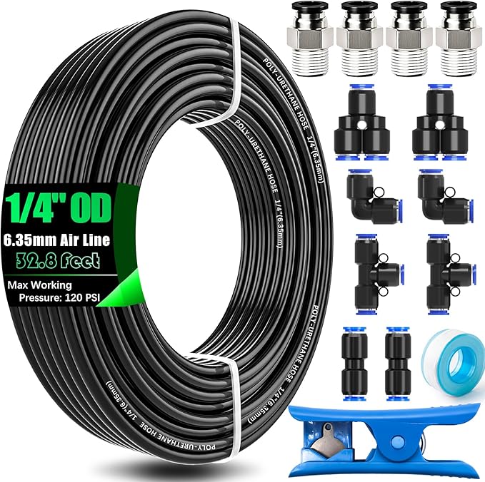 mxuteuk 1/4" Air Line Tubing Kit,1/4" Air Hose Kit,1/4 Inch(6.35mm) OD x 32.8 Feet PU Tube with Push to Connect Fittings(15PCS)