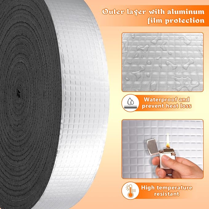 Pipe Insulation Wrap 2" Wide X 32.8 Ft Outdoor Foam And Foil Pipe Wrap Insulation Tape Self Adhesive for Winter Freeze Protection Insulation Wrap for Cold Hot Water Pipes for Reduce Heat Loss (1 Roll)