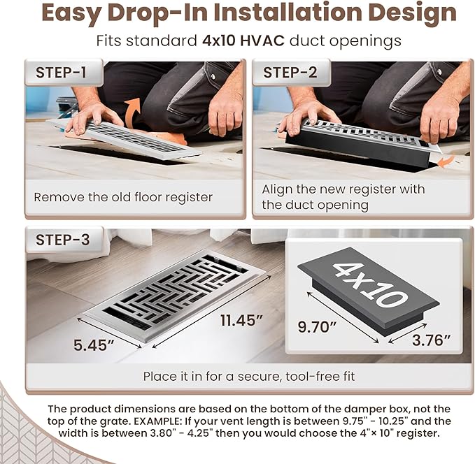 Floor Register 4x10 Vent Cover – 2 Pack – Heavy-Duty Steel, Rustproof & Walkable Grates, Easy Drop-in Install, Adjustable Air Supply Switch - Decorative Herringbone Design, Brushed Nickel