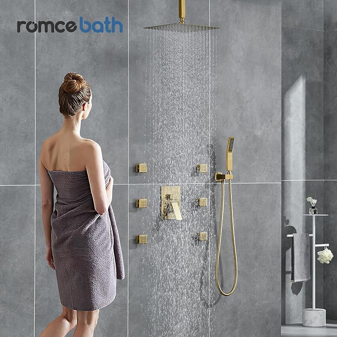 Rain Shower System With Complete 6 Pcs Body Sprays Jets And Pressured Balance Rough-in Valve,12Inch Rainfall Shower Head And Handheld, Modern Brushed Gold Ceiling Mount Shower Faucets Sets
