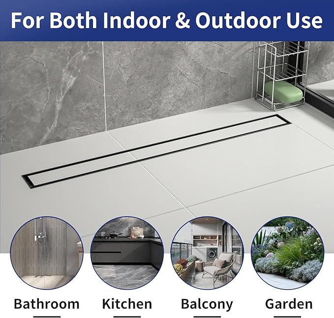 Linear Shower Drain 30", Matte Black Floor Drain with Tiled Insert Grate & Hair Strainer, 304 Stainless Steel Bathroom 2-in-1 Tiled in Drain, CUPC Certified (Matte Black, 30'')