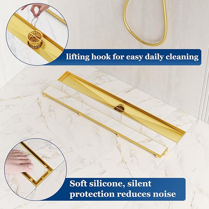 Neodrain 12-Inch Gold Linear Shower Drain, 2-in-1 Flat & Tile Insert Cover, Stainless Steel Linear Drain, Brushed Brass Rectangle Shower Floor Drain with Hair Strainer, Watermark&CUPC Certified