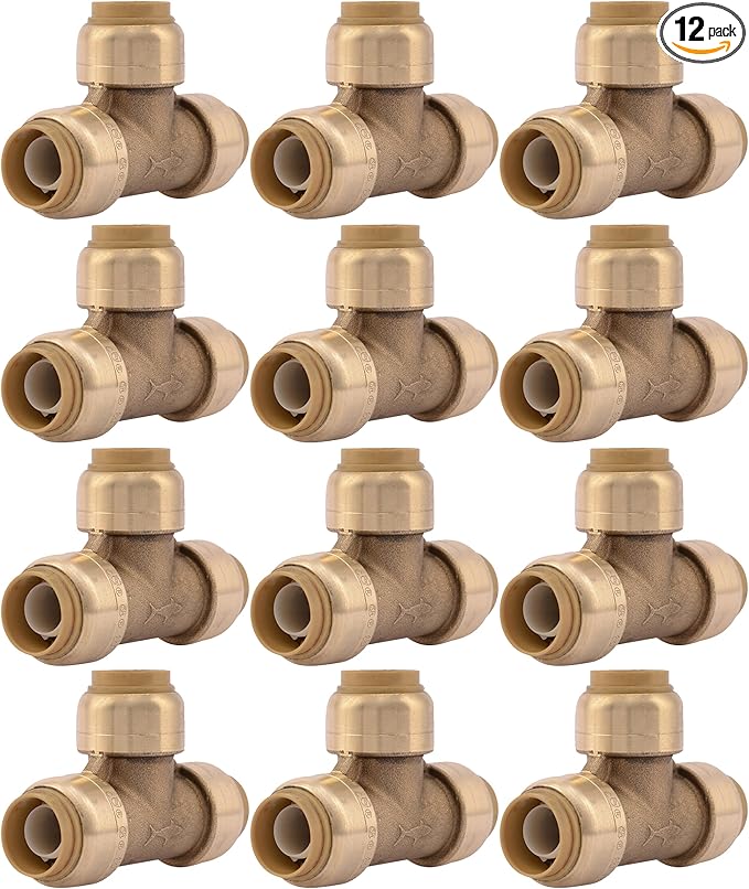 SharkBite 1/2 Inch Tee, Pack of 12, Push to Connect Brass Plumbing Fitting, PEX Pipe, Copper, CPVC, PE-RT, HDPE, U362LF