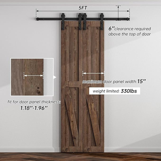 5FT Sliding Barn Door Hardware Kit for Double Door, Sliding Door Track, Easy to Install, Smoothly and Quietly, Fit 1.18-1.96" Thicknesses Fit Double 15" Wide Door(J Shape Hanger)