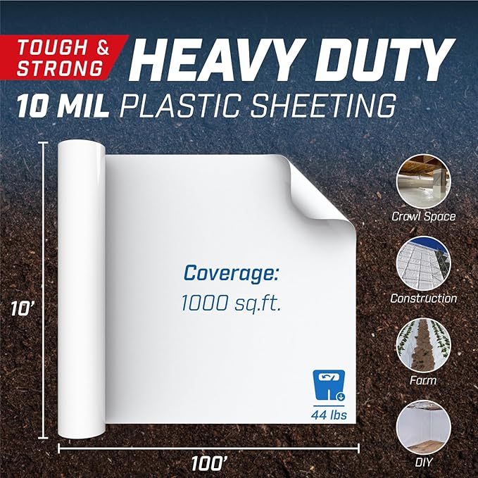 Crawl Space Vapor Barrier, 10 Mil 10' x 100', White Vapor Barrier, Thick Plastic Sheeting, Heavy Duty Polyethylene Film, Drop Cloth Covering for Crawlspace, Basement