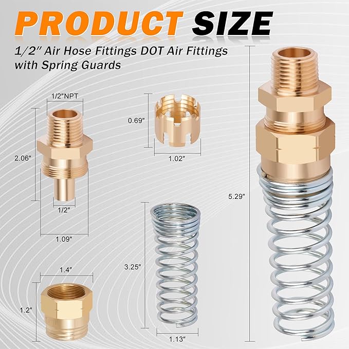 4Pcs Brass 1/2” Air Hose Fittings DOT Air Fittings with Spring Guards, 1/2” Male Connector for Rubber Tube, Air Brake Hose End Fittings, with 8 Fitting Sleeve Tubes