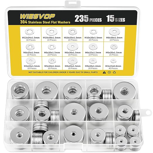 235Pcs Fender Washers, 304 Stainless Steel Flat Washers Assortment Kit, 15 Different Sizes M3 M4 M5 M6 M8 M10 M12 Metal Washers for Screws Bolts Hardware for Various Home Industrial Automotive